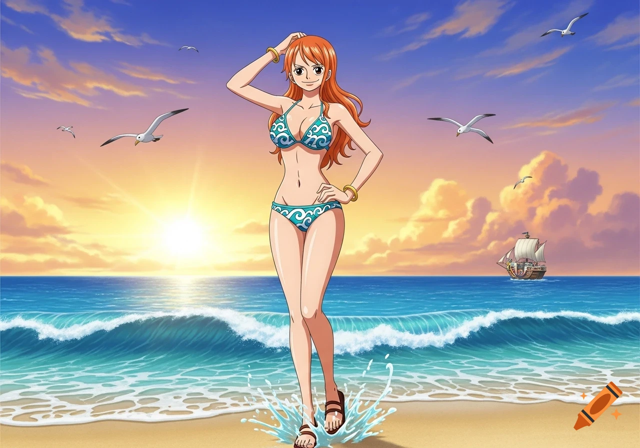 Anime character Nami from One Piece stands on a sandy beach in a blue bikini with waves, gulls, and a ship in the background at sunset.