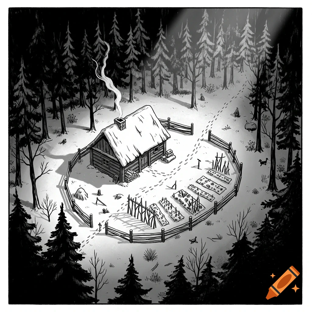 Black and white illustration of a snow-covered wooden cabin in a dense ...
