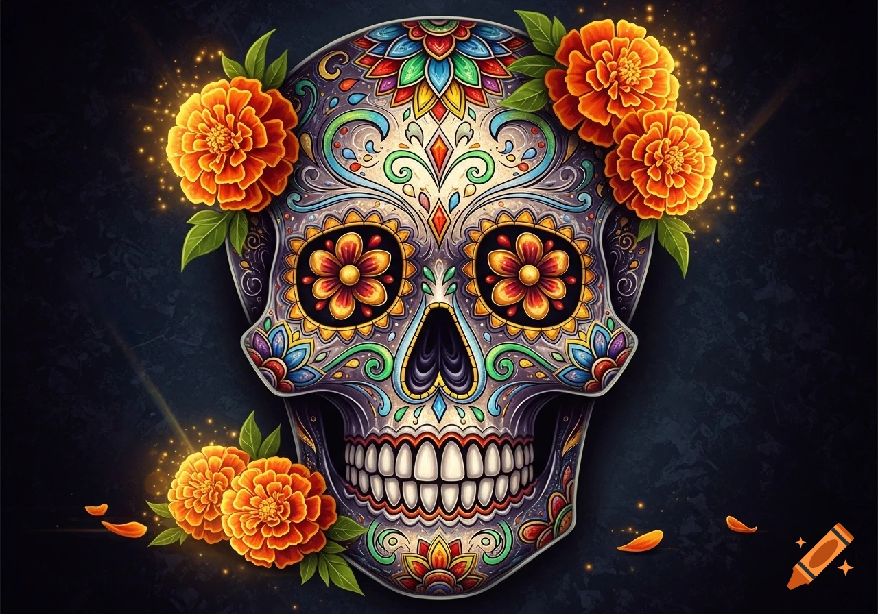 A vibrant, ornately decorated sugar skull, adorned with colorful patterns and marigold flowers against a dark background.