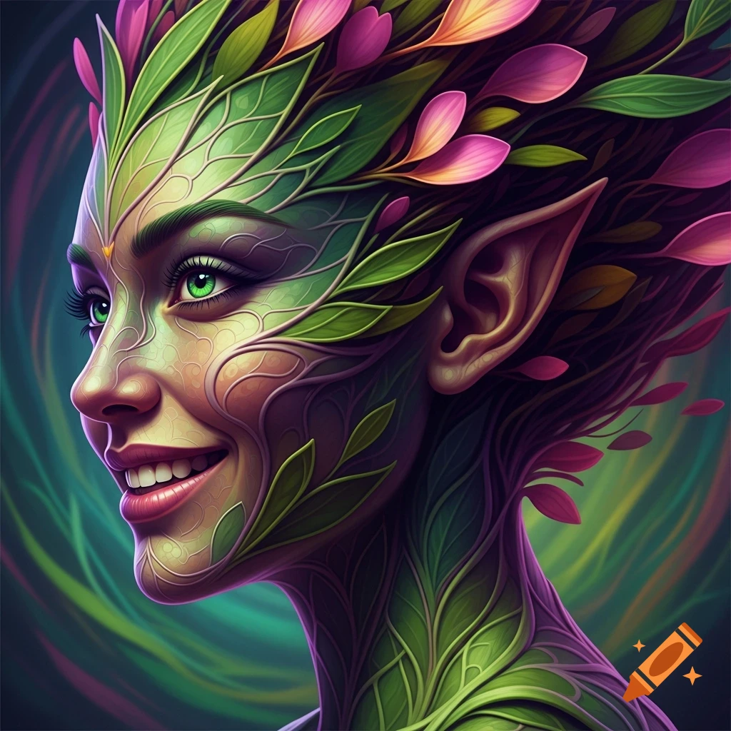 Close-up profile of a smiling plant woman with green leaves and pink ...