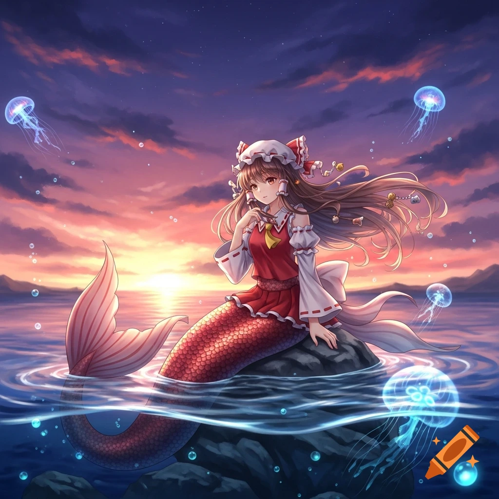 Anime mermaid with long brown hair, a red and white outfit, and a scaled red tail sits on a rock in the ocean, surrounded by glowing jellyfish at sunset.