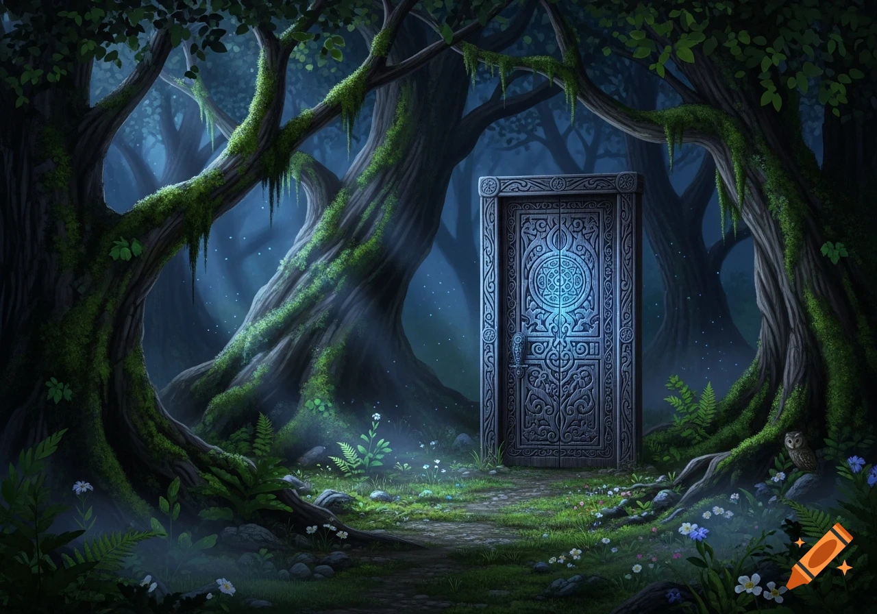 A glowing, ornate stone door stands in a mystical, moss-covered forest ...