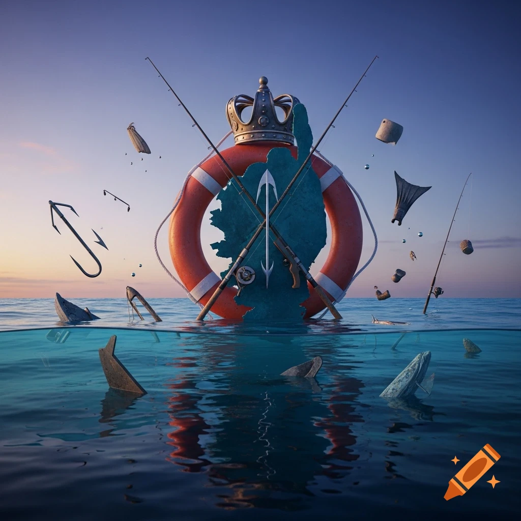 A lifebuoy surrounds a map of Corsica with a crown, crossed fishing rods, and a speargun, floating in the ocean with debris at sunset.