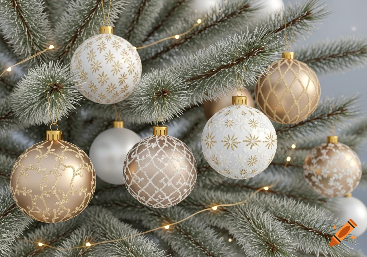 Close-up of a frosted pine tree branch adorned with white, beige, and gold Christmas ornaments, some with intricate patterns, illuminated by string lights.