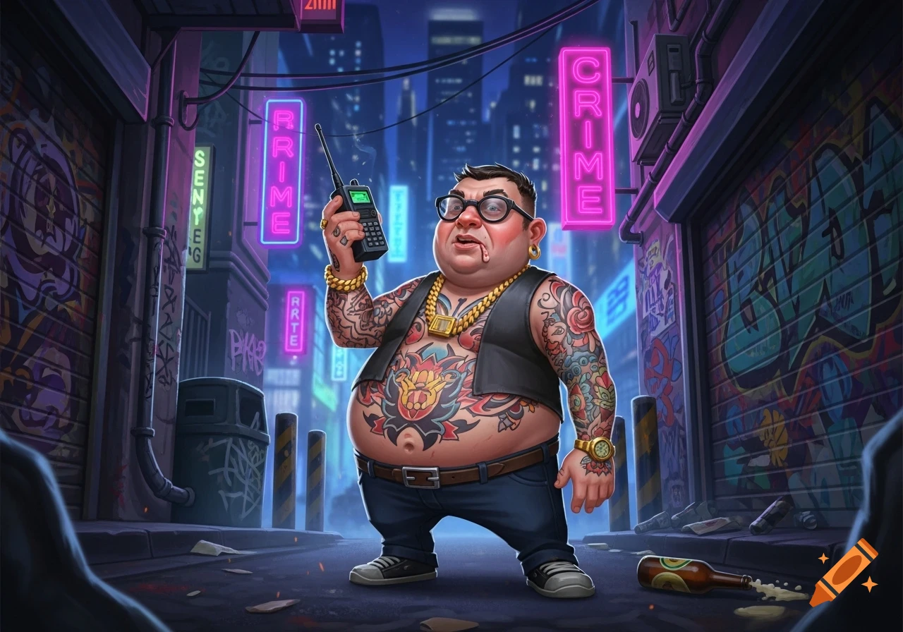Cartoon of a pudgy criminal man with many tattoos and gold jewelry, holding a walkie-talkie in a neon-lit alleyway at night.