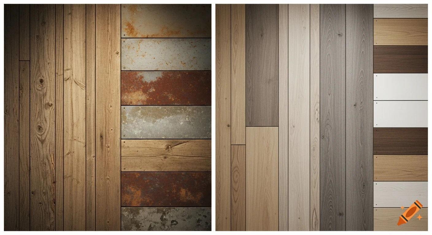 Two side-by-side material boards: natural wood and weathered metal on the left, synthetic wood-look and white panels on the right.