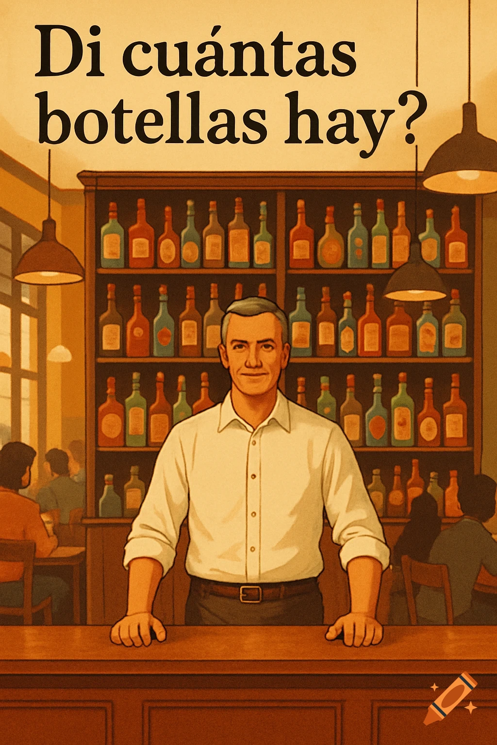 Illustration of a man behind a bar with shelves of bottles and text "Di cu 00e1ntas botellas hay?" at the top.