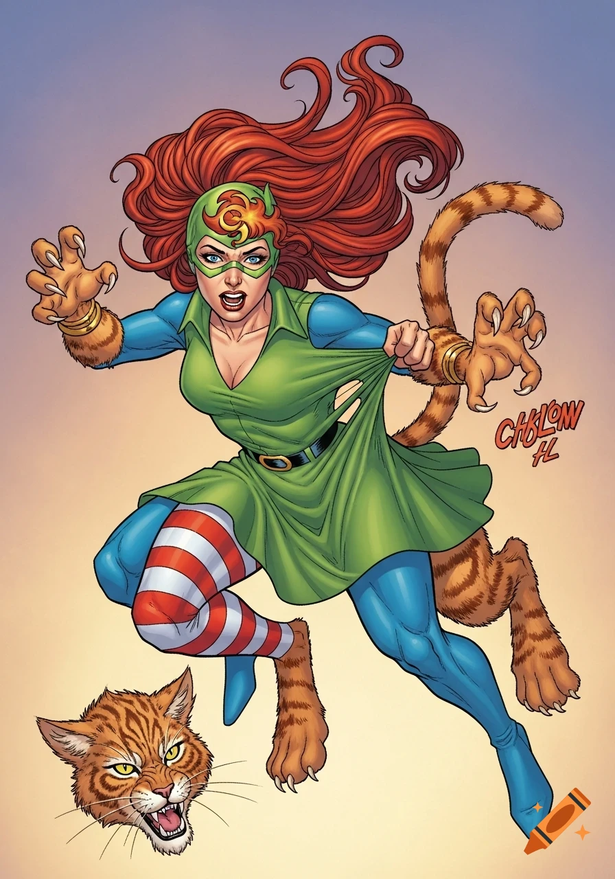 A dynamic comic book illustration of Cyclone transforming into a werecat, with red hair, green dress, striped stockings, cat paws, and a cat tail.