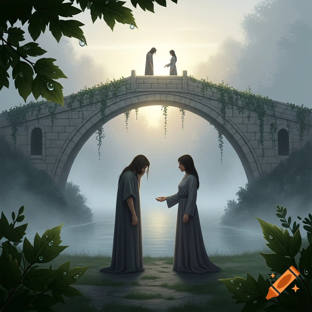 Two robed figures by a misty river under a stone bridge, one appearing distressed, the other offering comfort, illustrative.