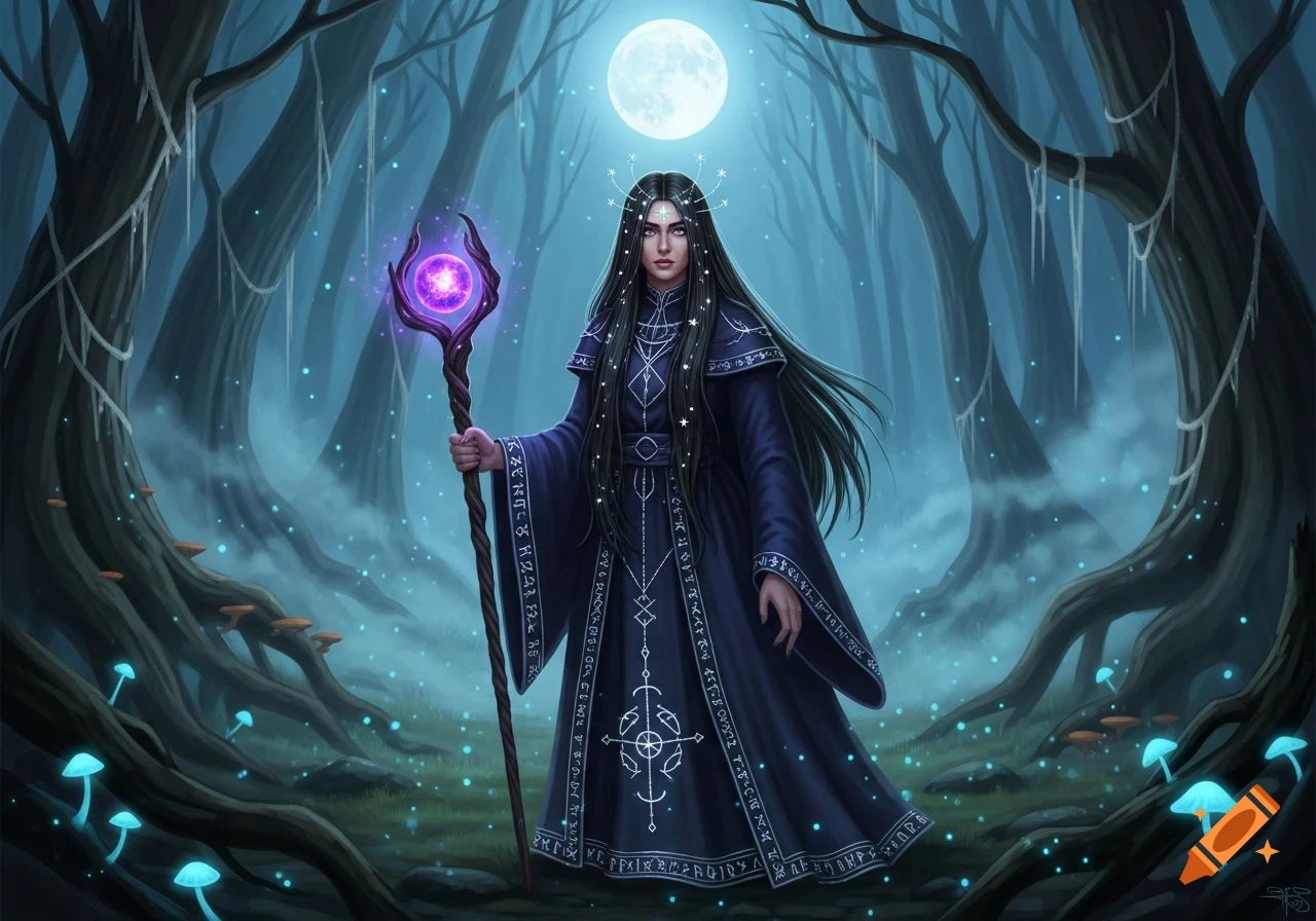 A dark-haired witch in a navy robe holds a glowing purple staff, standing in a misty, moonlit forest with glowing mushrooms.