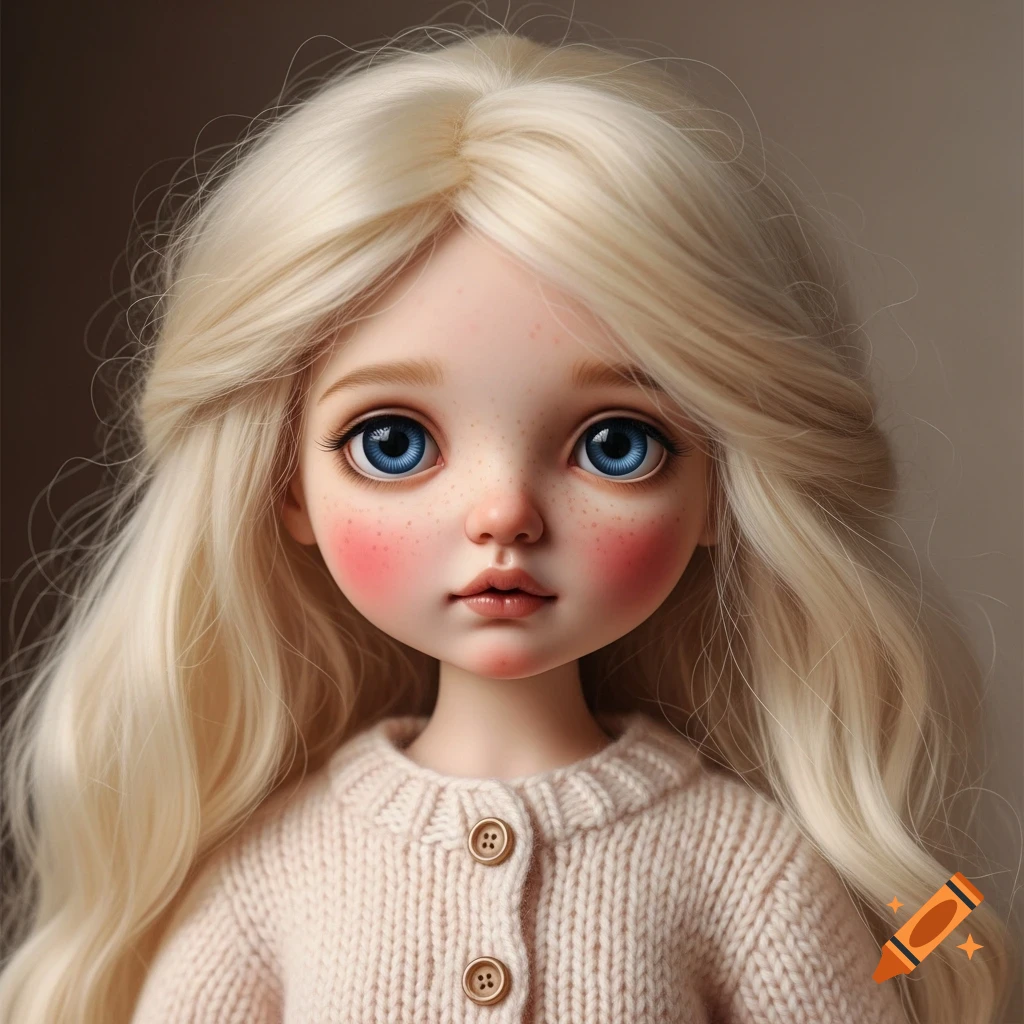 Close-up of a cute, realistic blonde doll with big blue eyes, rosy cheeks, and a cream knitted sweater.