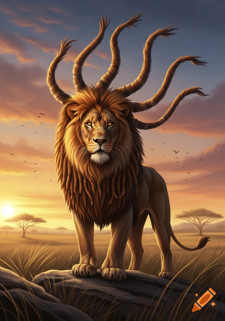 A majestic lion with seven large, horn-like dreadlocks stands on a rock in a golden savanna at sunset.