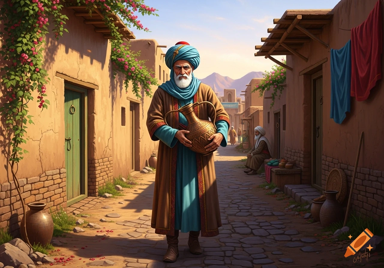 An old man in a turban and traditional robes holds a patterned pot, standing in a sunlit Middle Eastern street with mud-brick houses and flowering vines.