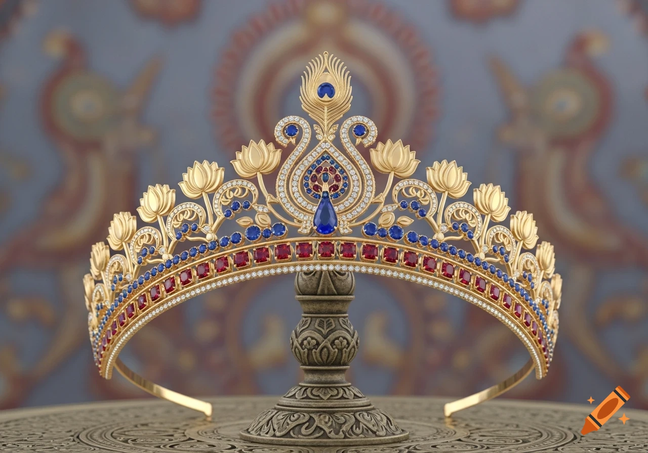 An ornate gold tiara with red and blue jewels, diamonds, and lotus and peacock motifs, on an engraved stand.
