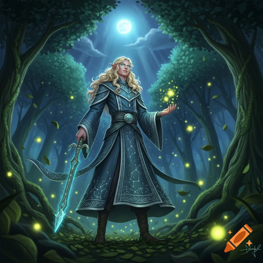 A male wood elf druid with blond hair stands in an enchanted forest at night, holding a glowing sword and conjuring magic.