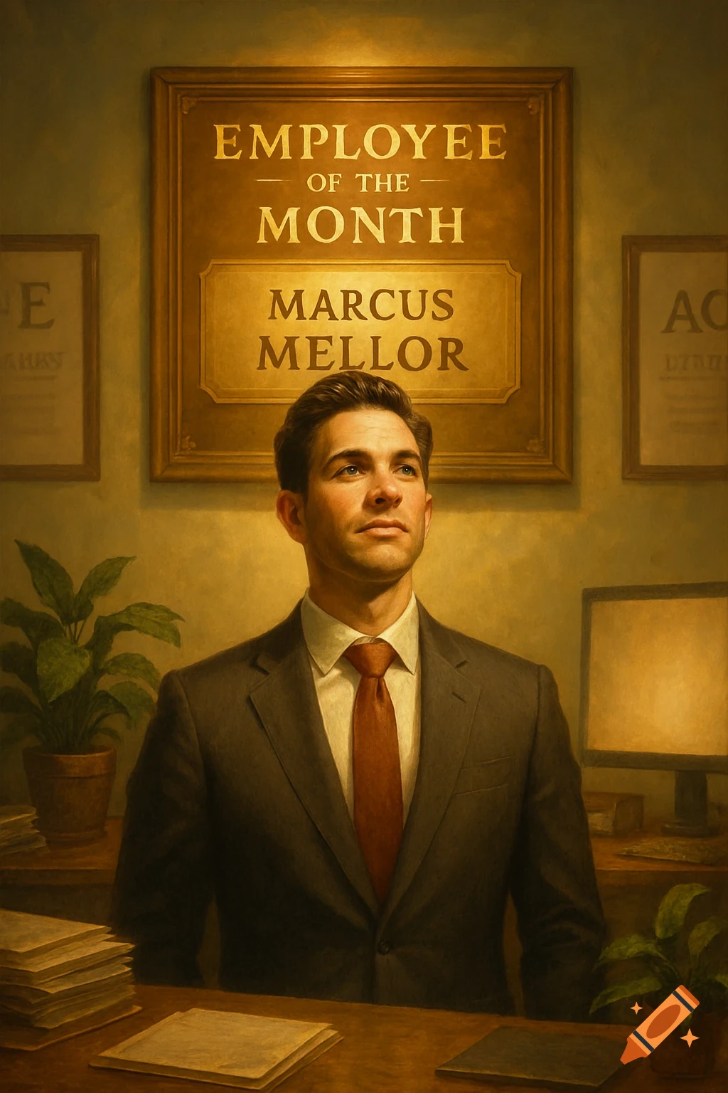 Painterly portrait of a man in a suit and tie beneath an 'Employee of the Month' award in an office setting.