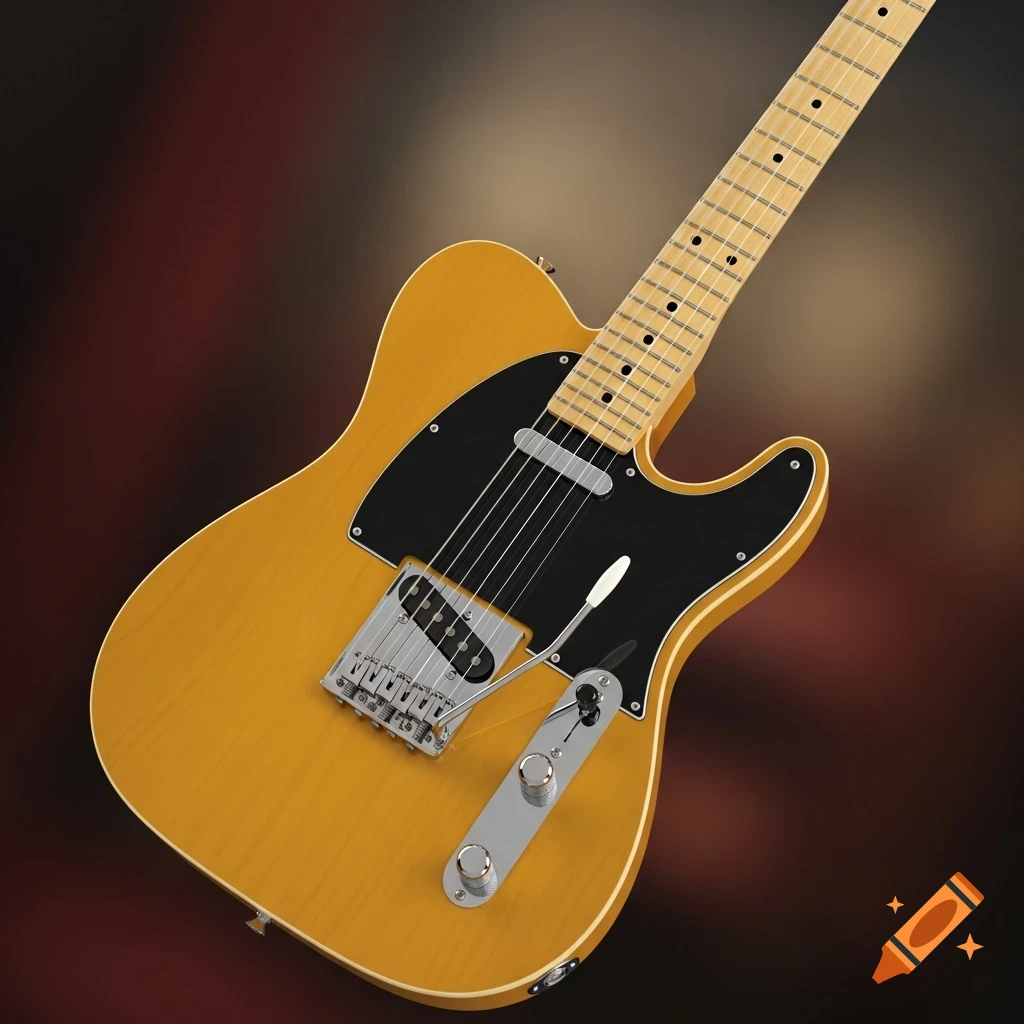 A photorealistic render of a butterscotch Telecaster electric guitar with a black pickguard.