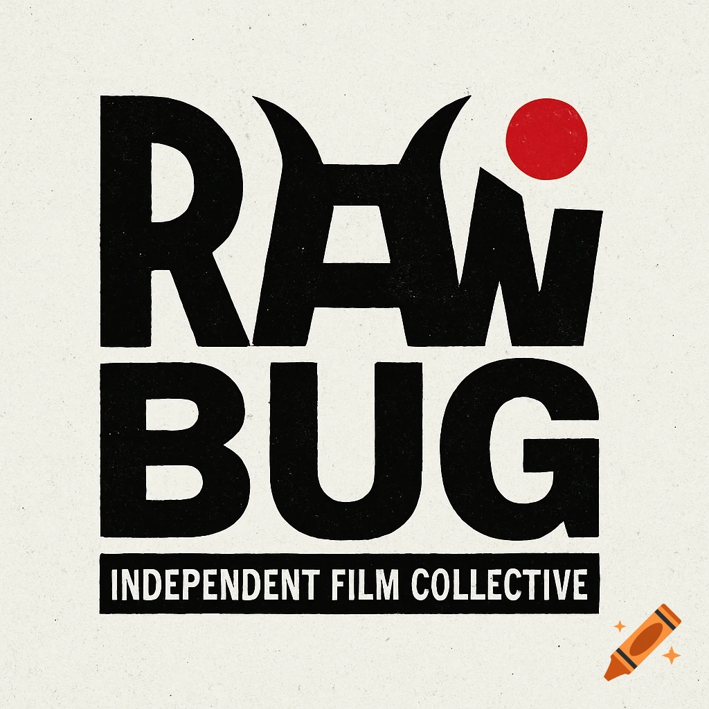 Black and white logo with a red dot, reading "RAW.BUG" above "INDEPENDENT FILM COLLECTIVE" in a textured, sans-serif style.