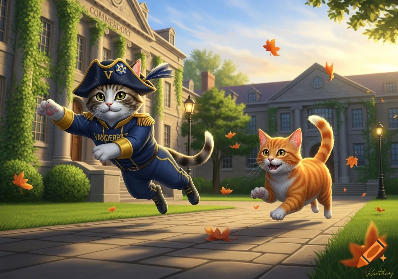 A cartoon Vanderbilt Commodore cat in a blue uniform floats above a path, chasing an orange tabby cat. A university building is in the background with autumn leaves falling.
