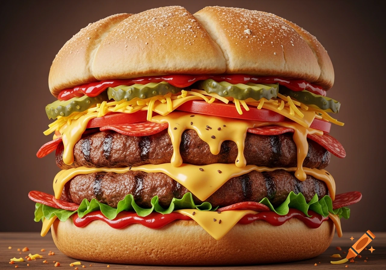 Close-up photorealistic image of a massive double cheeseburger with pickles, pepperoni, shredded cheese, ketchup, and lettuce.