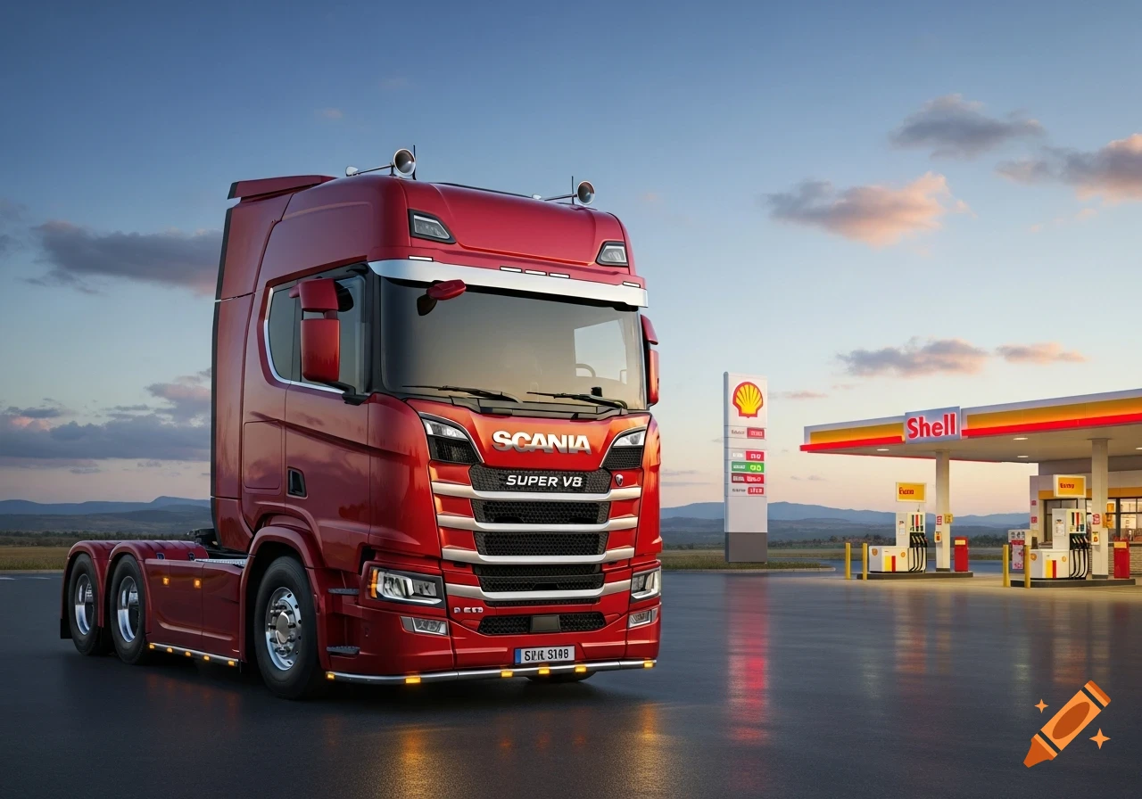 Photorealistic image of a shiny red Scania Super V8 truck parked on asphalt in front of a Shell gas station under a partly cloudy sky.