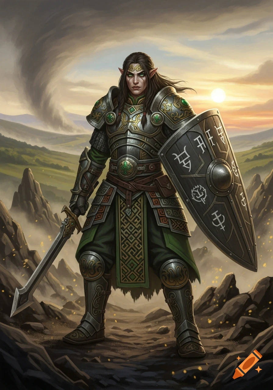 An elf warrior in ornate silver and green armor stands with a sword and ...
