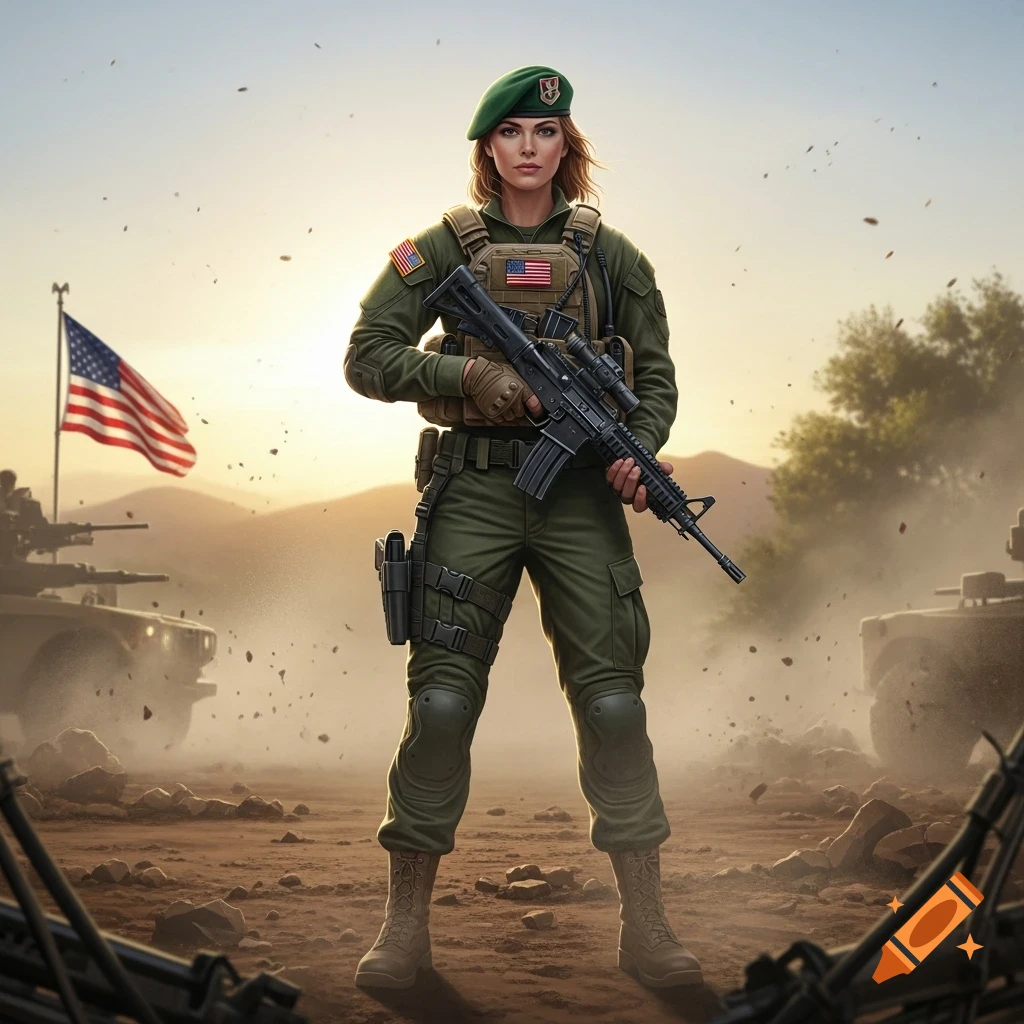A female US Special Forces soldier in uniform holds a rifle in a dusty desert landscape with American flags and tanks.