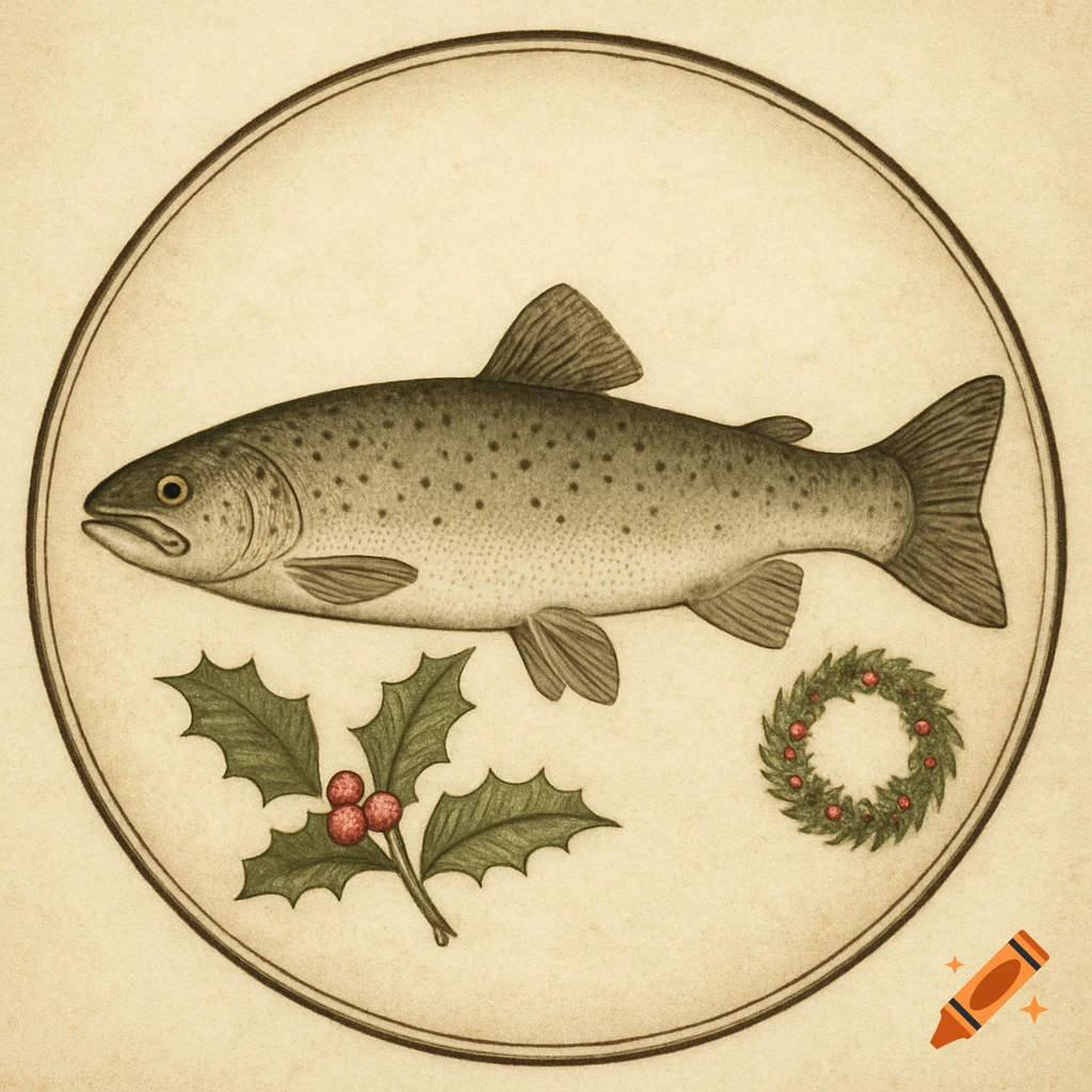 Vintage field-guide style illustration of a trout with a holly sprig and a small wreath inside a circular label, on aged cream paper.
