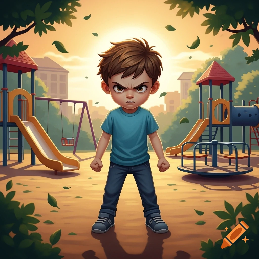 An angry cartoon boy in a blue shirt and jeans stands defiantly in the center of a brightly lit playground.
