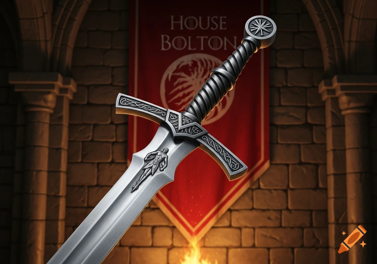 A detailed longsword with a carved hilt and blade against a red banner that reads 'HOUSE BOLTON' hanging in a stone castle archway, with fire below.