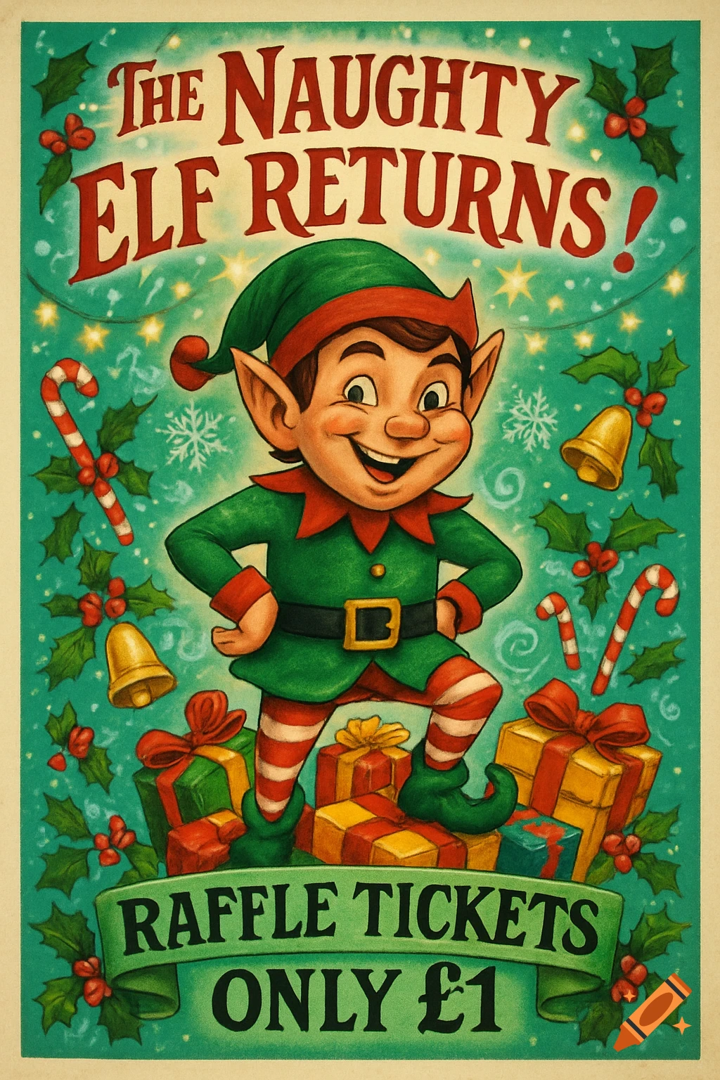 Vintage-style Christmas poster featuring a smiling elf standing on gifts, surrounded by holly and candy canes, with text 'The Naughty Elf Returns! Raffle Tickets Only 1'.