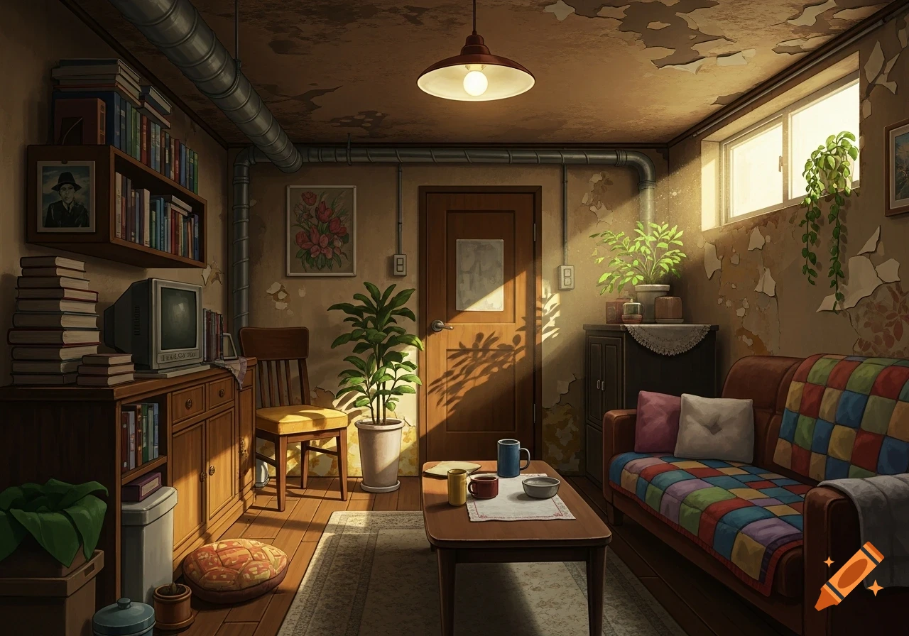 A stylized interior of a cozy, cluttered semi-basement room with a sofa, bookshelves, plants, and sunlight streaming through high windows.