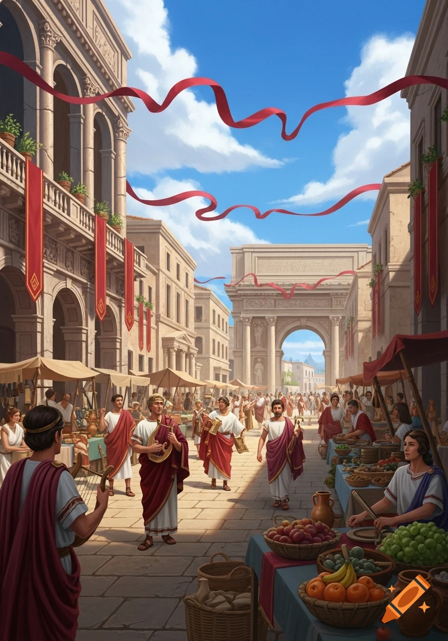 A bustling ancient Roman street market with people in togas, stalls, and classical architecture.