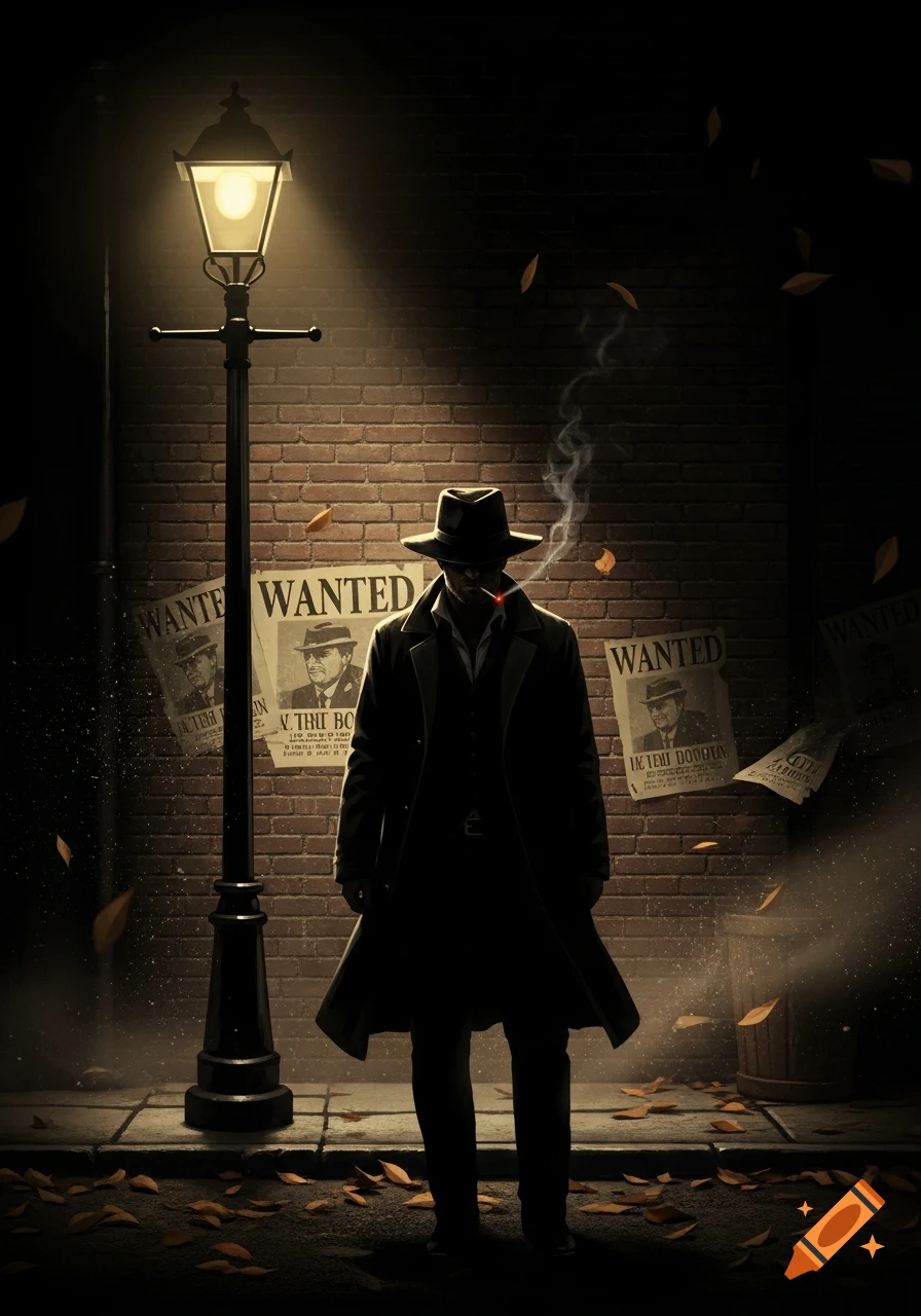 A mysterious figure in a trench coat and fedora smokes under a glowing streetlamp, 'Wanted' posters on a brick wall.