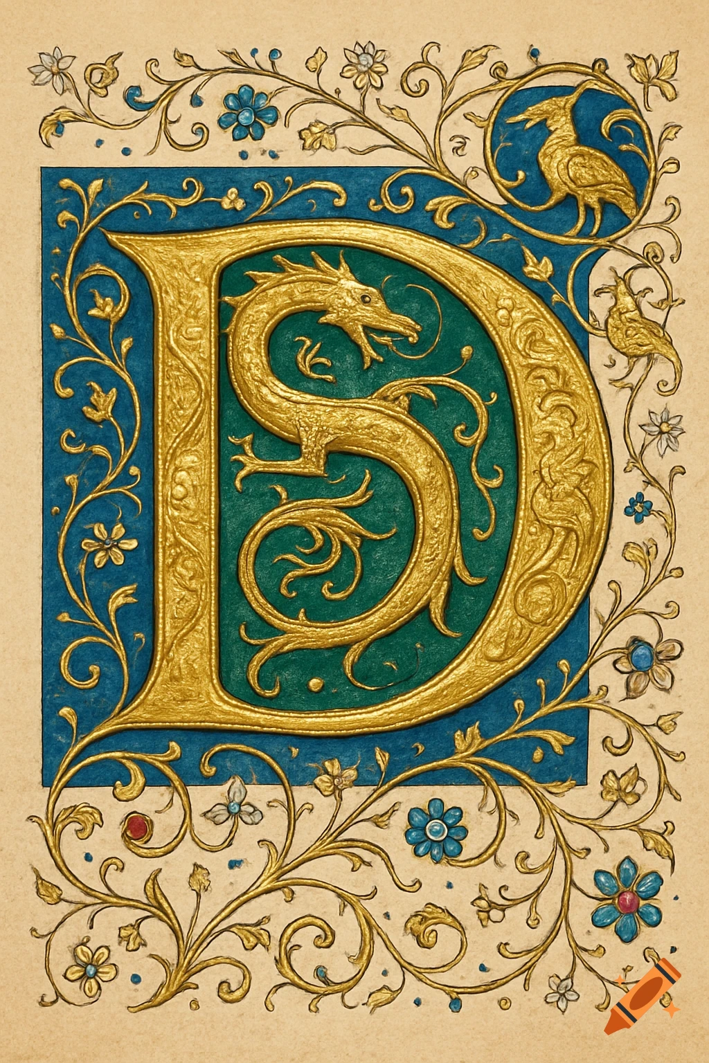 A golden illuminated manuscript letter 'D' with a dragon, surrounded by intricate blue and gold floral patterns on parchment.
