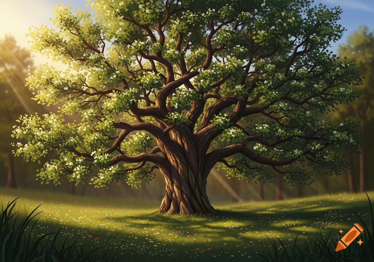 A vibrant, gnarled tree with green leaves and white blossoms stands in a sun-dappled grassy field in a forest, with golden light rays.