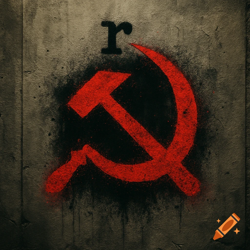A red hammer and sickle symbol with a black 'r' above it, spray-painted as graffiti on a concrete wall.