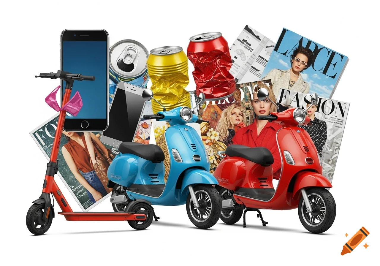 A vibrant pop art collage featuring an electric scooter, two classic scooters, smartphones, crumpled soda cans, and fashion magazines on a white background.