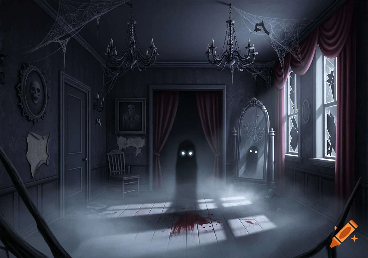 A dark, haunted room with a ghostly figure, glowing eyes, blood on the floor, cobwebs, and broken windows.