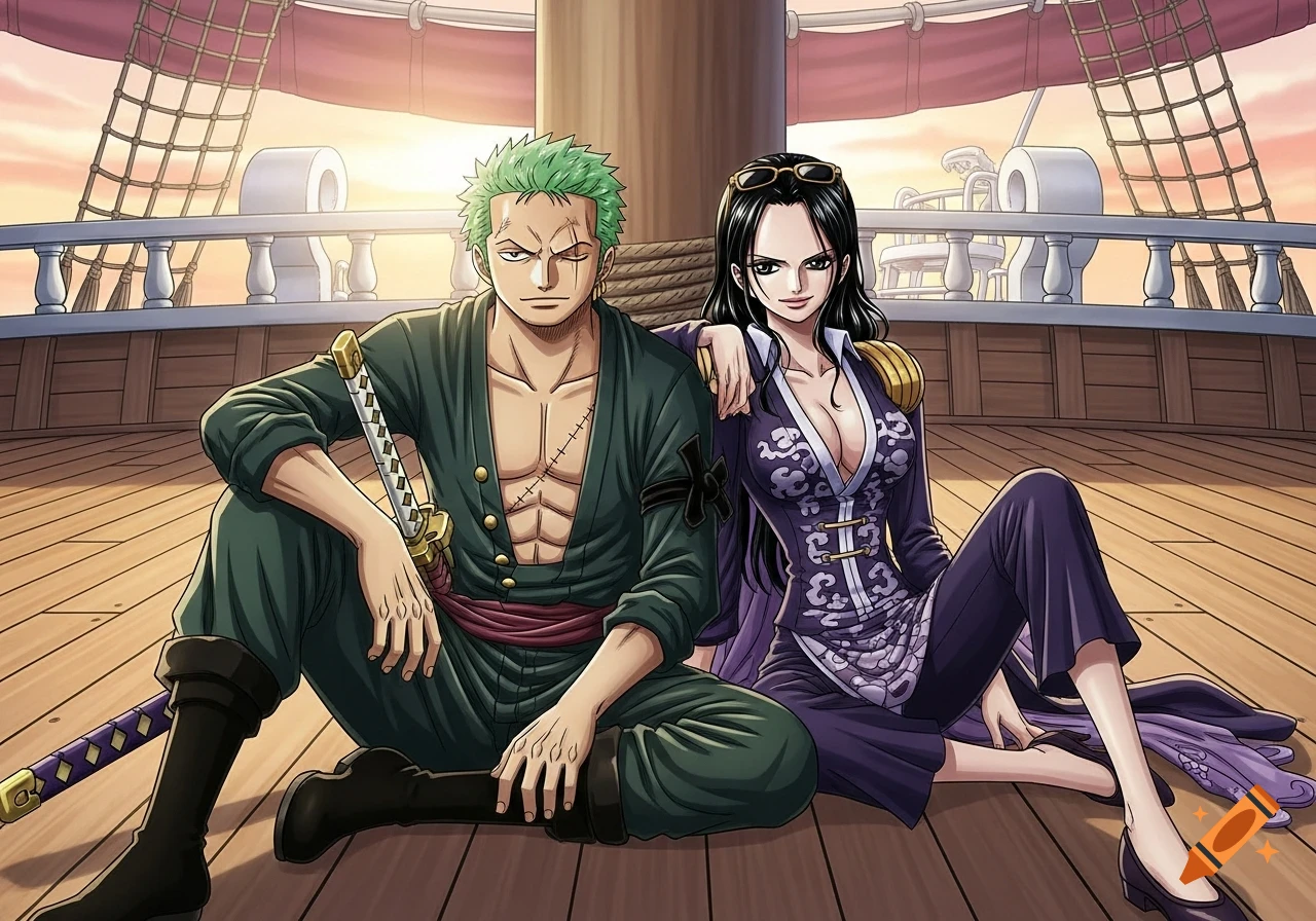 Anime characters Zoro and Robin from One Piece sit on a ship deck at sunset.