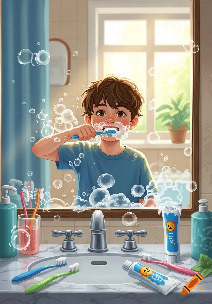 An illustration of a young boy with brown hair brushing his teeth, making bubbles in a bright bathroom.