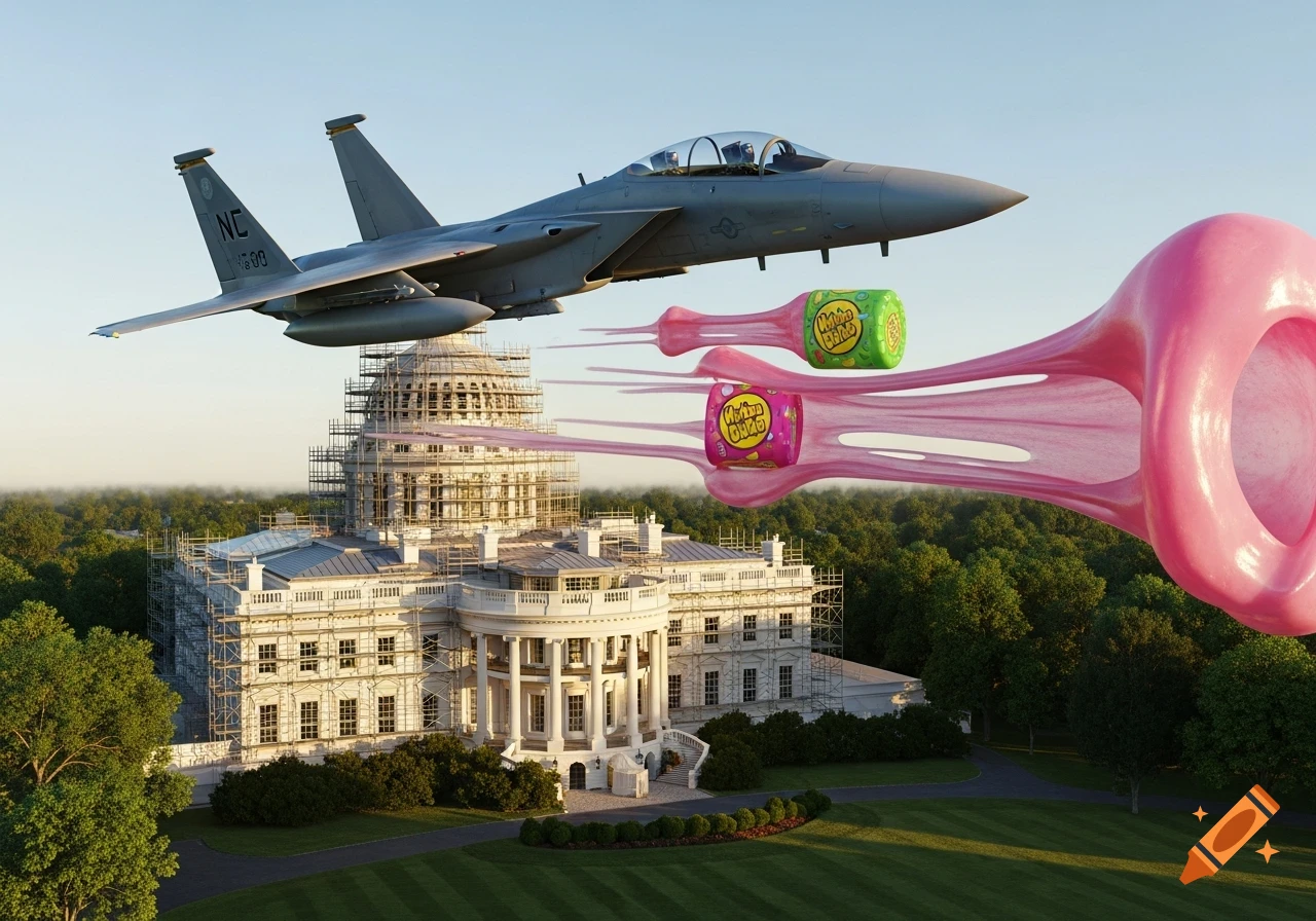 An F15 jet 'bombs' the under-renovation White House with Hubba Bubba bubblegum, creating large pink gum trails.