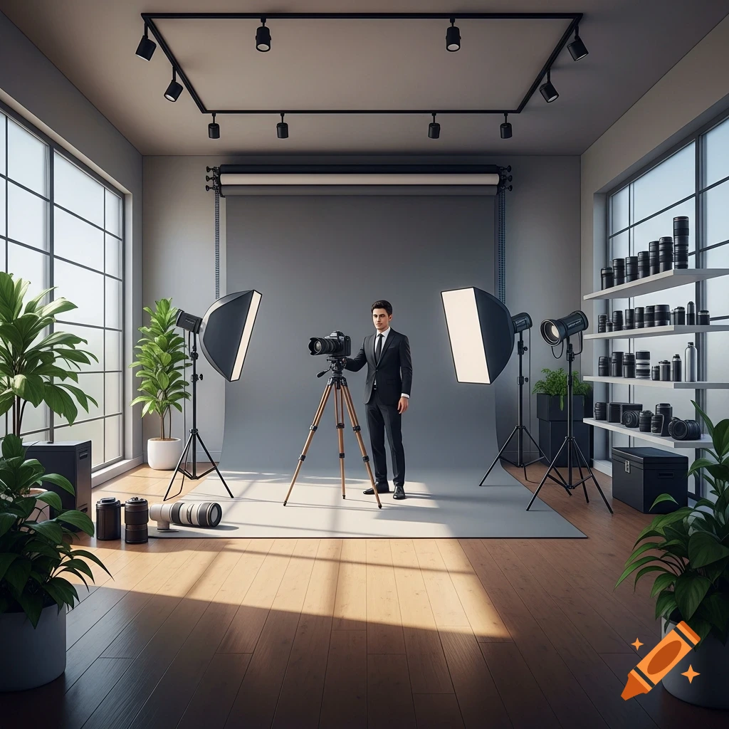 A man in a suit stands by a camera on a tripod in a modern, well-equipped photography studio with plants.
