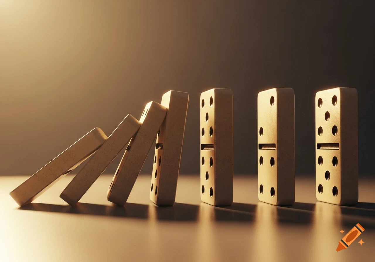 A series of light-colored dominoes falling in a chain reaction, illuminated by warm light.