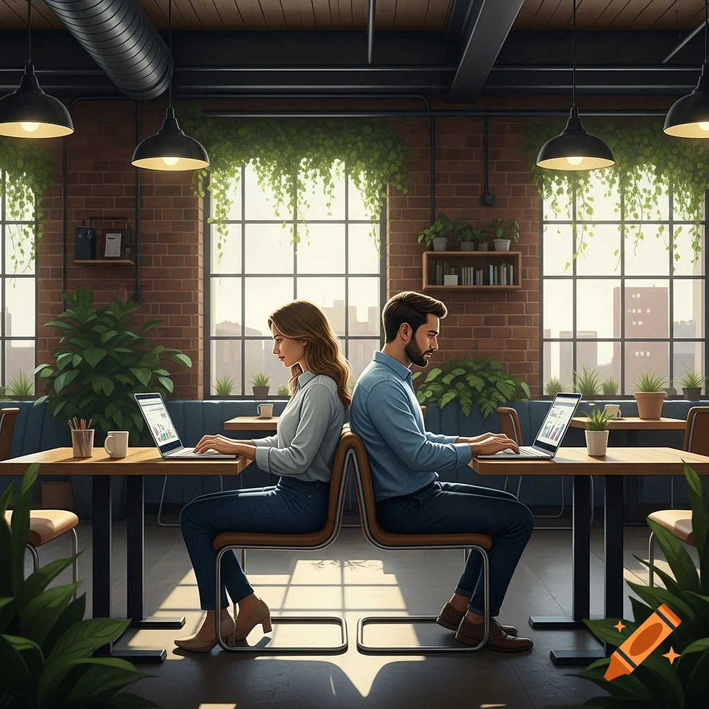 Two individuals sit back to back at separate tables in a modern cafe, both focused on working on their laptops.