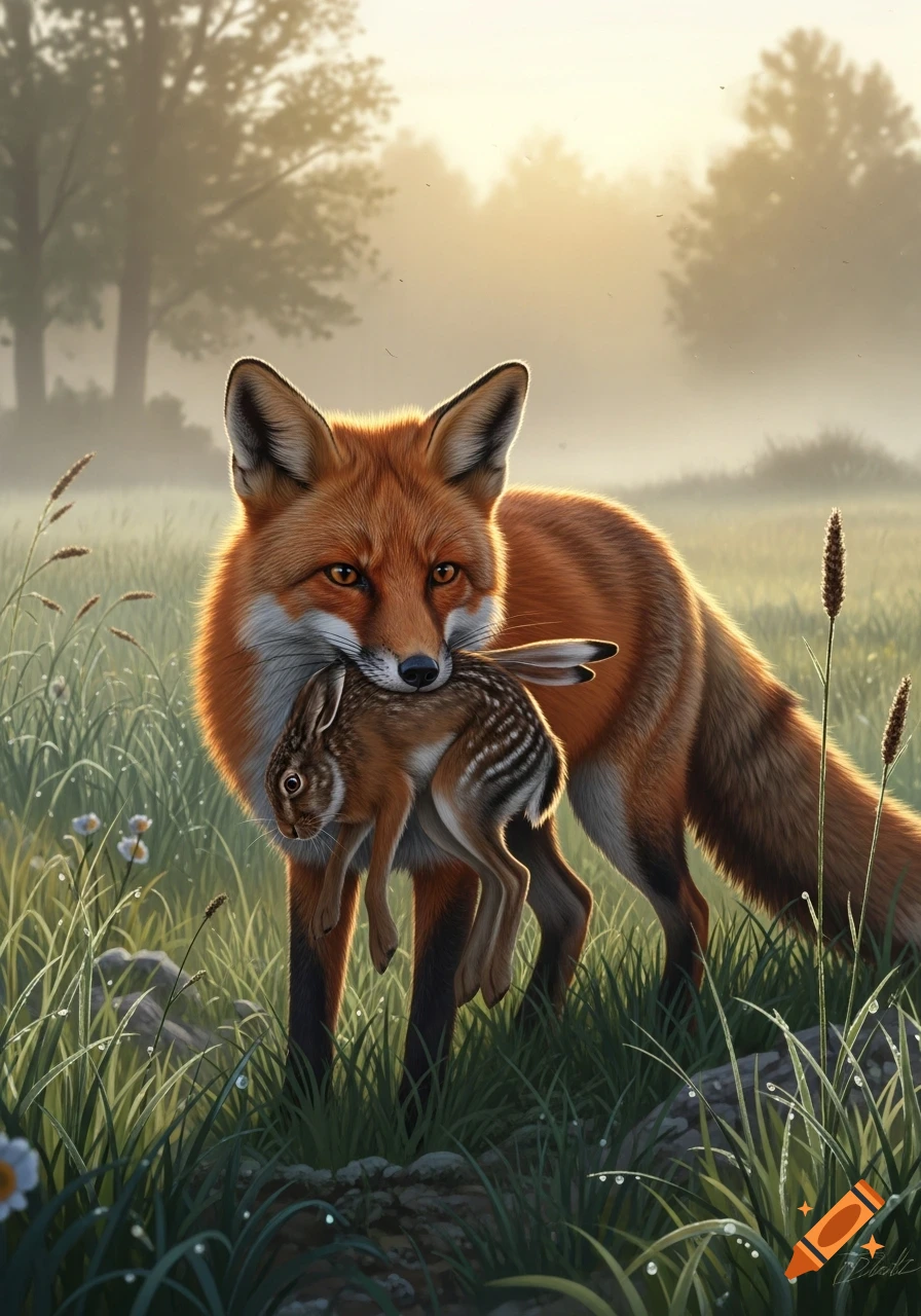 A photorealistic red fox carries a rabbit in its mouth through a misty ...