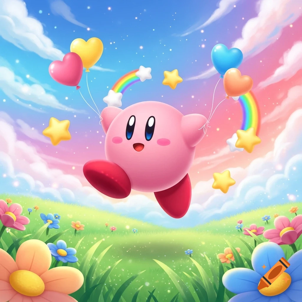 A cute pink Kirby floats happily with heart balloons and stars in a vibrant, flowery field under a rainbow sky.