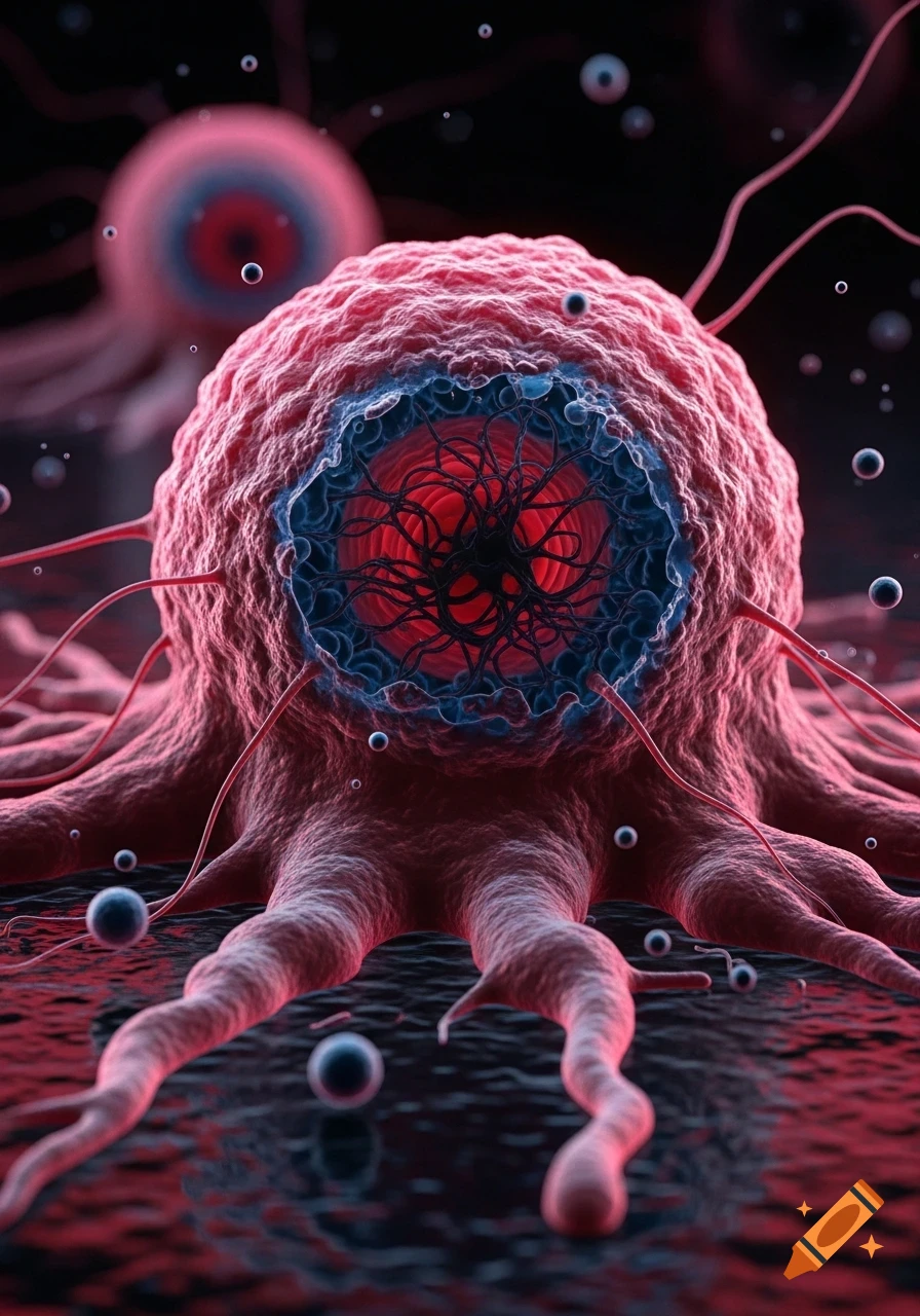 Close-up of a stylized red cancer cell with a dark blue and red core, tendrils, and floating particles on a dark background.
