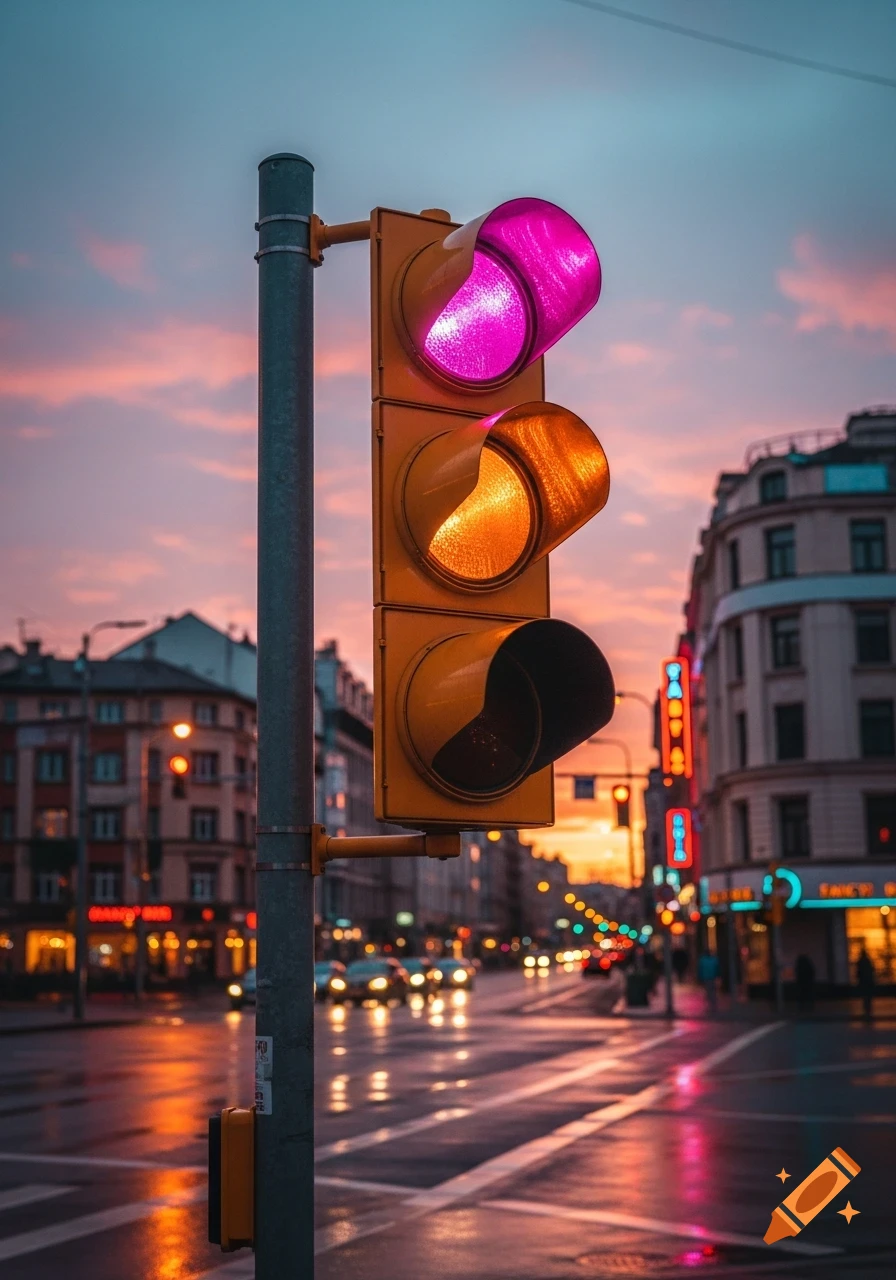 A city street at dusk or night with a traffic light, its top light glowing pink and the middle light glowing amber, reflecting on the wet road.
