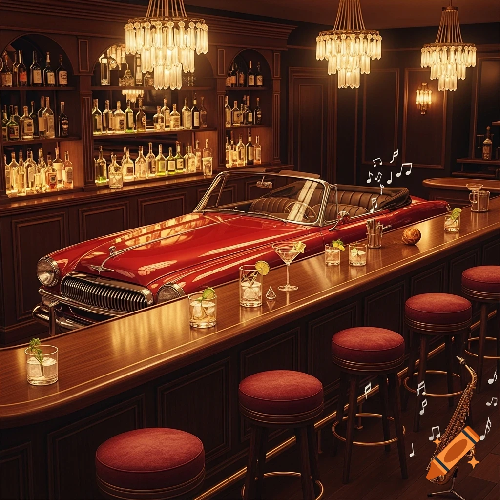A sleek red classic car parked at a luxurious, dimly lit bar counter, surrounded by cocktails, bar stools, and musical notes.